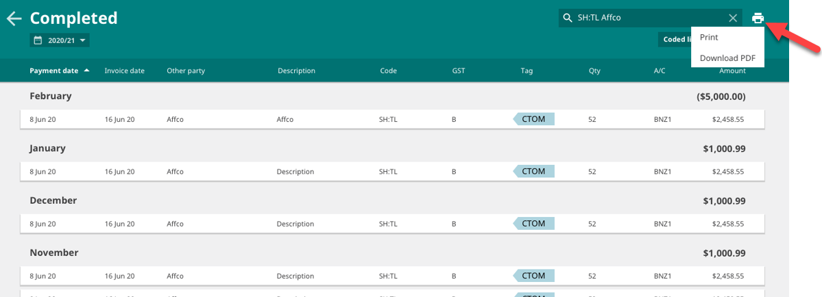 How to print or download completed and matched transactions